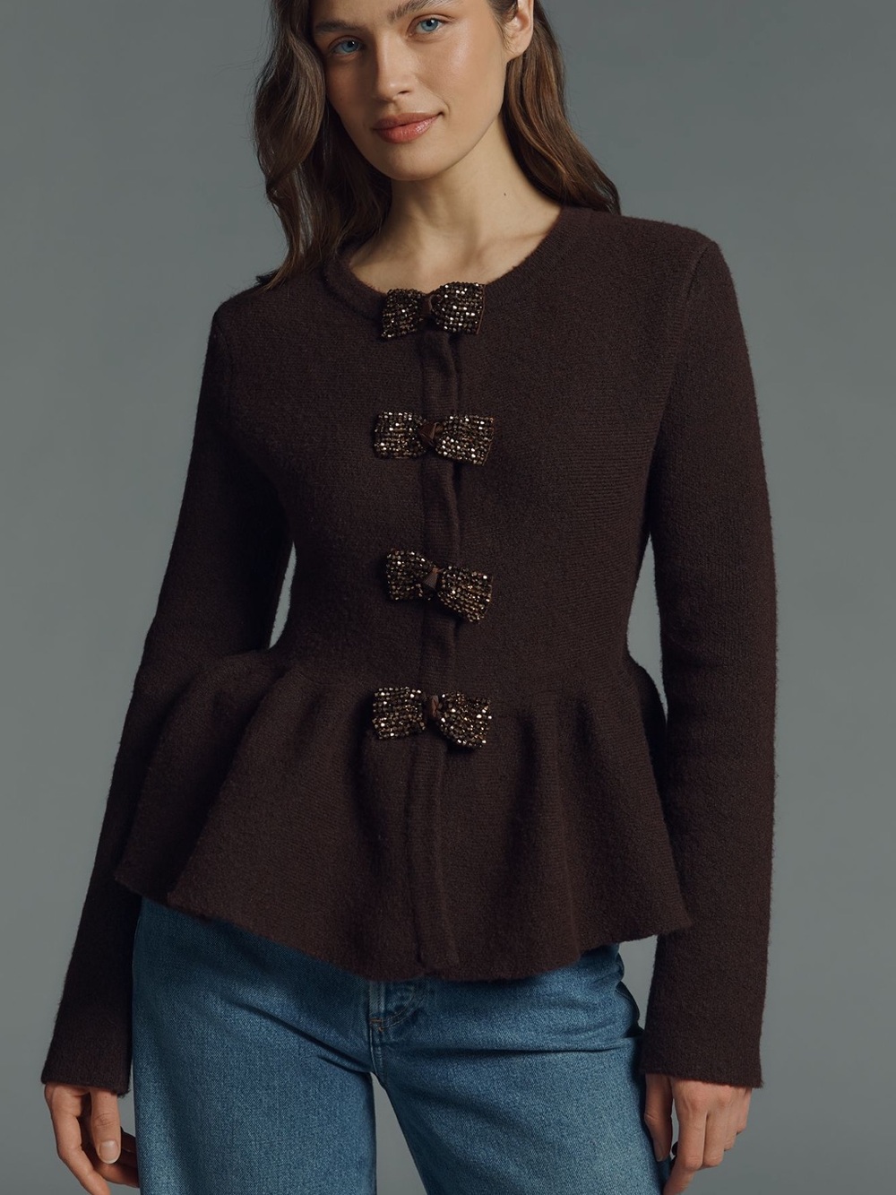 Endless Rose Dark Brown Peplum Jacket with Beaded Bow Closures